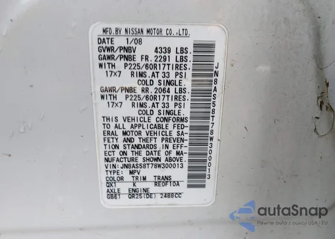 2008 Nissan Rogue Sl from USA, damaged, VIN JN8AS58T78W300013
